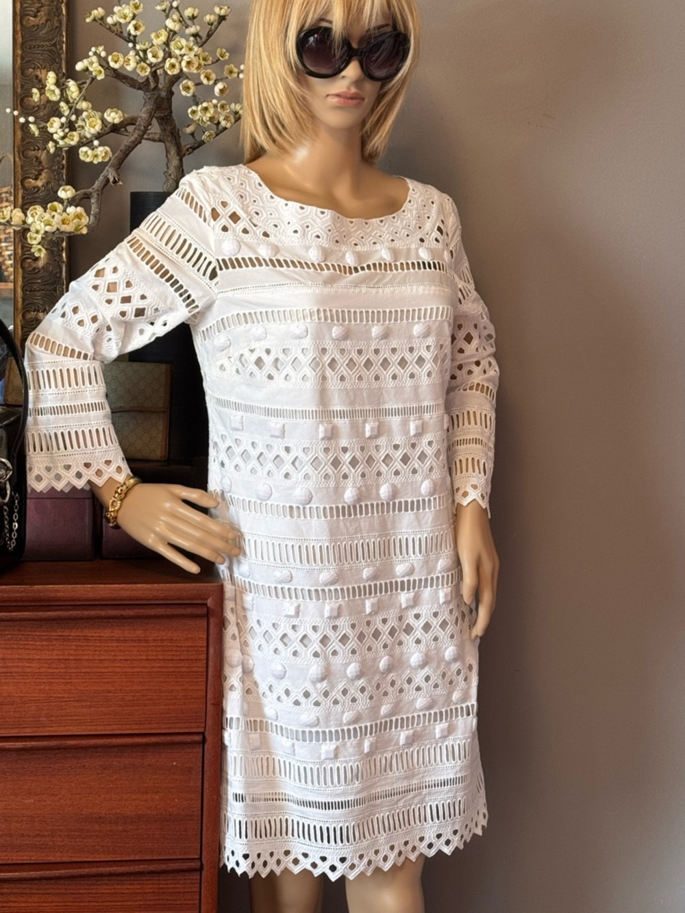 Catherine Malandrino White Embellished Long-Sleeve Shift Dress